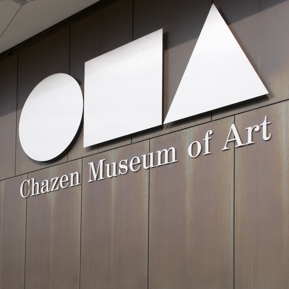 Detail image of front facade and logo at Chazen Museum of Art, Madison, Wisconsin.