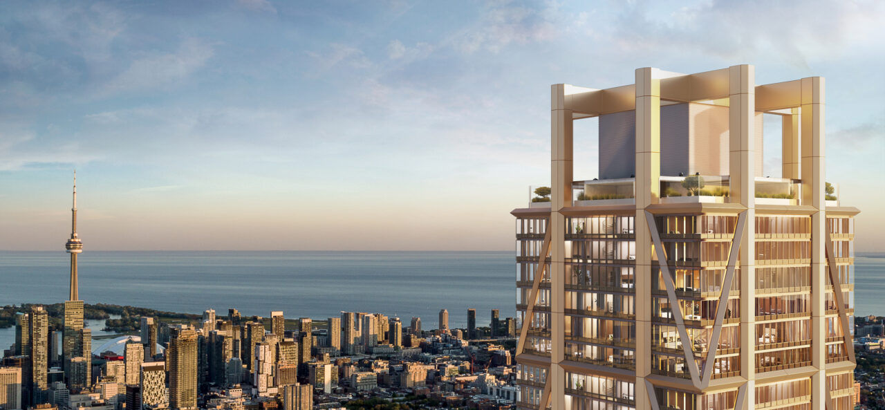 The Well: rendering of penthouse and skyline, Toronto, Ontario. Architectural wall systems by Riverside Group.